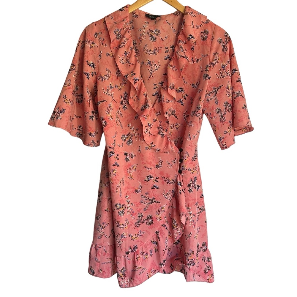 Topshop Pink Floral Leaf Print Micro Mini Wrap Dress Size 8